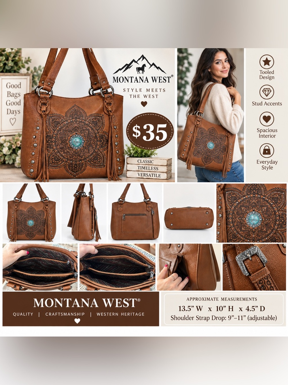 Montana West Brown Tooled Medallion Shoulder Bag